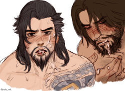 Rule 34 | 2boys, bara, beard, blush, cassidy (overwatch), cum, cum in mouth, cum on body, facial, facial hair, hanzo (overwatch), looking at viewer, lowres, male focus, multiple boys, open mouth, overwatch, overwatch 1, park cok, tongue, yaoi