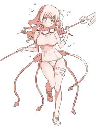 Rule 34 | 1girl, bare shoulders, breasts, bridal garter, closed mouth, expressionless, full body, glaive (polearm), gloves, goggles, goggles around neck, hair ornament, highres, holding, jitome, long hair, looking at viewer, mahou shoujo ikusei keikaku, medium breasts, monochrome, polearm, ringlets, school swimsuit, shoes, simple background, sneakers, solo, standing, swim swim, swimsuit, tadano akira, wavy hair, weapon