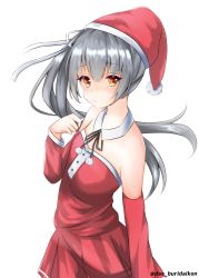 Rule 34 | black ribbon, blush, brown eyes, closed mouth, collar, dakkusu, detached collar, detached sleeves, dress, floating hair, grey hair, hair between eyes, hat, highres, kantai collection, kasumi (kancolle), long hair, long sleeves, looking at viewer, neck ribbon, red dress, red sleeves, ribbon, santa costume, santa hat, side ponytail, simple background, solo, strapless, strapless dress, transparent background, twitter username, very long hair, white background, white collar
