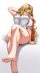Rule 34 | 1girl, absurdres, adjusting hair, barefoot, blonde hair, bottomless, breasts, chin piercing, commentary, english commentary, eyelashes, fate/grand order, fate (series), feet, foot focus, foreshortening, green eyes, green nails, highres, large breasts, legs, long hair, looking at viewer, muscular, muscular female, nail polish, off shoulder, quetzalcoatl (fate), simple background, single bare shoulder, sitting, solo, thighs, toenail polish, toenails, very long hair, white background, zantyarz