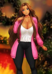 Rule 34 | 1girl, black pants, blue eyes, blush, breasts, brown hair, christmas wreath, cleavage, commission, dark-skinned female, dark skin, erkaz, feet out of frame, fire, fireplace, hand up, highres, huge breasts, indoors, long hair, original, pants, parted lips, pink sweater, shirt, smile, solo, sweater, very long hair, white shirt, wreath