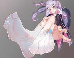 Rule 34 | 1girl, arknights, artist request, feet, foot focus, long hair, manticore (arknights), nail polish, pink eyes, pointy ears, purple hair, soles, solo, toes