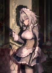 Rule 34 | 1girl, black dress, black thighhighs, blood, blood on face, blue eyes, dress, dual wielding, floral print, garter straps, greenkohgen, gun, highres, holding, holding gun, holding weapon, indoors, izayoi sakuya, lace thighhighs, light, looking at viewer, maid, maid headdress, print dress, rose print, shadow, short hair, solo, thighhighs, touhou, weapon, white hair