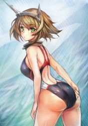 Rule 34 | 10s, 1girl, ass, backless outfit, bare shoulders, breasts, green eyes, hairband, highres, huge ass, kantai collection, looking at viewer, mutsu (kancolle), one-piece swimsuit, short hair, solo, swimsuit, taishi (picchiridou), twisted torso
