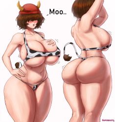 Rule 34 | 1girl, animal print, arms up, ass, back, beanie, bikini, blush, breast suppress, breasts, brown hair, cow girl, cow horns, cow print, cow tail, curvy, hair over eyes, hand on own hip, hat, highres, horns, horns through headwear, huge breasts, micro bikini, multiple views, navel, original, short hair, stomach, superbusty, sweat, swimsuit, tail, thick thighs, thighs, thong bikini, undersized clothes, wide hips