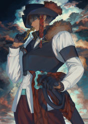 Rule 34 | 1boy, bartholomew roberts (fate), black gloves, black hair, black hat, black vest, blue eyes, collared vest, cross, cross necklace, dark-skinned male, dark skin, european clothes, fate/grand order, fate (series), feet out of frame, gloves, gradient hair, hat, highres, holding, holding sword, holding weapon, jewelry, kissing necklace, looking at viewer, male focus, mashuu (neko no oyashiro), multicolored hair, necklace, pants, parted lips, pirate hat, red pants, sheath, shirt, short hair, smile, solo, sword, undershirt, vest, weapon, white shirt