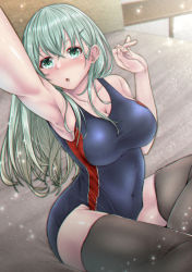 Rule 34 | 1girl, aga marino, aqua hair, arm up, armpits, bed, black thighhighs, blue one-piece swimsuit, breasts, cleavage, collarbone, commentary request, competition swimsuit, covered navel, cowboy shot, green eyes, grey one-piece swimsuit, grey thighhighs, hair ornament, hairclip, kantai collection, large breasts, long hair, looking at viewer, one-piece swimsuit, selfie, solo, suzuya (kancolle), swimsuit, thighhighs