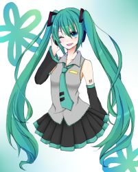 Rule 34 | 1girl, bad id, bad pixiv id, colorized, detached sleeves, green eyes, green hair, hatsune miku, headphones, highres, long hair, matching hair/eyes, necktie, no legs, one eye closed, shunkashuutou, skirt, smile, solo, twintails, very long hair, vocaloid, wink