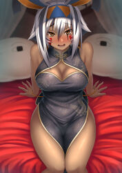 Rule 34 | 1girl, animal ears, antenna hair, bare shoulders, black dress, black hair, blush, breasts, china dress, chinese clothes, chuppa (katotsuba), cleavage, cleavage cutout, clothing cutout, colored inner hair, dark-skinned female, dark skin, dress, earrings, facepaint, facial mark, fate/grand order, fate (series), gold trim, hairband, hoop earrings, jackal ears, jewelry, looking at viewer, medium breasts, multicolored hair, nitocris (fate), nitocris alter (fate), nitocris alter (second ascension) (fate), open mouth, pelvic curtain, short hair, sidelocks, sitting, solo, streaked hair, thighs, white hair, yellow eyes