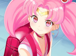 Rule 34 | 1girl, atg (wttoo0202), backpack, bag, bishoujo senshi sailor moon, blush, chibi usa, choker, closed mouth, collarbone, crescent, crescent earrings, derivative work, diadem, earrings, flat chest, heart, heart choker, highres, jewelry, meme, pink eyes, pink hair, pink sailor collar, randoseru, red choker, sailor chibi moon, sailor collar, sailor moon redraw challenge (meme), sailor senshi, sailor senshi uniform, screenshot redraw, short hair, smile, solo, twintails, upper body
