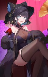Rule 34 | 1girl, absurdres, animal ears, aqua eyes, azur lane, bare shoulders, black thighhighs, blue hair, breasts, cat ears, cheshire (azur lane), cheshire (cait sith crooner) (azur lane), china dress, chinese clothes, cleavage, crossed legs, cup, dress, drinking glass, elbow gloves, fake animal ears, feather boa, flower, frills, gloves, grey hair, hand on own knee, hat, highres, holding, holding cup, large breasts, looking at viewer, man man, multicolored hair, official alternate costume, open mouth, pelvic curtain, phonograph, purple dress, purple gloves, see-through, see-through cleavage, short hair, sideboob, sitting, smile, solo, streaked hair, thighhighs, thighs, two-tone hair, wine glass