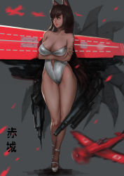 Rule 34 | 1girl, absurdres, aircraft, airplane, akagi (azur lane), animal ears, azur lane, bare shoulders, black hair, breasts, cameltoe, cannon, cleavage, crossed arms, fox ears, fox tail, full body, gluteal fold, highres, large breasts, mecha musume, one-piece swimsuit, solo, strapless, strapless one-piece swimsuit, swimsuit, thigh gap, zyd