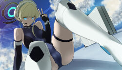 Rule 34 | 1girl, absurdres, bare shoulders, black gloves, black leotard, blonde hair, blue archive, blue eyes, blue leotard, blue ribbon, blue sky, blush, boots, braid, breasts, briefcase, bun cover, covered navel, earpiece, elbow gloves, fingerless gloves, french braid, gloves, hair bun, hair ribbon, halo, highleg, highleg leotard, highres, leotard, looking at viewer, maid headdress, ribbon, shidou (x 2903), short hair, single hair bun, sitting, sky, small breasts, solo, thigh boots, thigh strap, thighs, toki (blue archive), two-tone leotard, v, white footwear