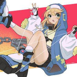 Rule 34 | 1boy, androgyne symbol, aqua eyes, blonde hair, bridget (guilty gear), fingerless gloves, gloves, guilty gear, guilty gear strive, habit, highres, hood, hood up, hooded jacket, jacket, long sleeves, looking at viewer, male focus, open mouth, puffy long sleeves, puffy sleeves, short hair with long locks, trap, usio (tsuqmo)