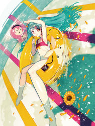 Rule 34 | 1girl, absurdres, aqua hair, asgr, ball, bikini, digital media player, dutch angle, earphones, floating hair, hatsune miku, highres, innertube, joints, long hair, looking at viewer, petals, pool, red eyes, robot joints, smile, solo, swim ring, swimsuit, twintails, very long hair, vocaloid, water