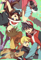Rule 34 | 2boys, 2girls, :d, :o, baseball cap, black gloves, blonde hair, blue eyes, blue oak, blue pants, blue shirt, boots, brown eyes, brown hair, closed mouth, creatures (company), denim, fingerless gloves, frown, game freak, gloves, green (pokemon), green background, hat, jeans, leg warmers, looking at viewer, multiple boys, multiple girls, nintendo, open mouth, pants, poke ball, poke ball (basic), pokemon, pokemon adventures, polka dot, polka dot background, ponytail, red (pokemon), red skirt, serious, shirt, shoes, skirt, smile, sneakers, spiked hair, straw hat, white headwear, yellow (pokemon), yui ko