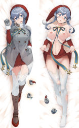 Rule 34 | 1girl, blue eyes, blue hair, blue ribbon, breasts, breasts out, christmas, convenient censoring, dakimakura (medium), dress, full body, gloves, gotland (kancolle), grey gloves, hat, highres, kantai collection, kochipu, large breasts, long hair, long sleeves, lying, mole, mole under eye, navel, nipples, nude, official alternate costume, photoshop (medium), red dress, red headwear, ribbon, santa costume, santa hat, sheep, short dress, sidelocks, thighhighs, torn clothes, torn dress, torn legwear, white thighhighs