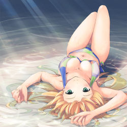 Rule 34 | 00s, 1girl, baakurou, bikini, blonde hair, breasts, cleavage, covered erect nipples, green eyes, hoshii miki, idolmaster, idolmaster (classic), large breasts, light rays, long hair, looking at viewer, lying, navel, on back, partially submerged, shallow water, side-tie bikini bottom, smile, solo, sunbeam, sunlight, swimsuit, thigh gap, thighs, upside-down, water, wet