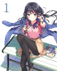 Rule 34 | 10s, 1girl, absurdres, adagaki aki, black hair, blush, can, canned coffee, coffee, drink can, high heels, highres, long legs, masamune-kun no revenge, pantyhose, side ponytail, sitting, skirt, solo, tiv, white background