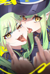 Rule 34 | 2girls, absurdres, blue archive, blue jacket, blur censor, censored, chromatic aberration, commentary request, earrings, fang, film grain, green hair, hair between eyes, half-closed eye, hat, hikari (blue archive), nozomi (blue archive), highres, jacket, jewelry, long hair, looking at viewer, middle finger, multiple girls, neng meng, open mouth, peaked cap, pointy ears, saliva, saliva trail, sidelocks, skin fang, tongue, tongue out, twintails, upper body, yellow background, yellow eyes