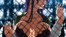 Rule 34 | 1girl, against fence, bra, breast press, breasts, breasts out, busujima saeko, chain-link fence, fei (maidoll), fence, highres, highschool of the dead, lace, lace-trimmed bra, lace trim, large breasts, lingerie, lips, long hair, open clothes, open mouth, purple hair, school uniform, serafuku, solo, strap gap, underwear, vector trace