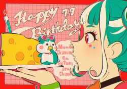 Rule 34 | 1girl, black choker, black eyes, blue hair, blunt bangs, candle, character name, cheese, chimumu, chimumu (hamster), choker, closed mouth, commentary, creature and personification, dual persona, eating, eyewear on head, fire, food, from side, hamster, hands up, happy birthday, holding, holding plate, looking at another, multicolored hair, open mouth, oshiri (o4ritarou), pink eyes, plate, pretty series, profile, red background, romaji text, short hair, sidelocks, star sticker, streaked hair, sunglasses, symbol-only commentary, upper body, waccha primagi!, white hair