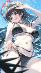 Rule 34 | 1girl, ahoge, antenna hair, arm up, bags under eyes, bikini, black bikini, black hair, black nails, black wings, blue archive, blurry, breasts, depth of field, guchico, halo, highres, large breasts, long hair, lying, navel, official alternate costume, on back, open mouth, partially submerged, raised eyebrows, red eyes, sideboob, solo, stomach, swimsuit, tsurugi (blue archive), tsurugi (swimsuit) (blue archive), underboob, very long hair, water, wavy mouth, wet, wings
