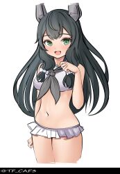 Rule 34 | 1girl, absurdres, alternate costume, bikini, bikini skirt, black hair, black neckerchief, black sailor collar, commentary request, cowboy shot, cropped legs, green eyes, hair ribbon, headgear, highres, i-47 (kancolle), kantai collection, long hair, low-tied long hair, neckerchief, one-hour drawing challenge, paw pose, ribbon, sailor bikini, sailor collar, sidelocks, simple background, solo, standing, swimsuit, tf cafe, tress ribbon, white background, white bikini