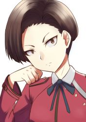 Rule 34 | 1girl, absurdres, blush, brown eyes, brown hair, closed mouth, harukawa fuki, highres, jacket, looking at viewer, lycoris recoil, red jacket, ribbon, school uniform, short hair, simple background, solo, upper body, white background