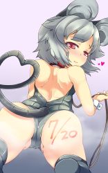 Rule 34 | 1girl, :3, animal ears, ass, back, blush, bodypaint, grey hair, heart, heart tail, highres, konata gazel, looking back, mouse ears, mouse tail, nazrin, red eyes, solo, steam, tail, touhou