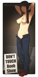 Rule 34 | 1girl, absurdres, armpits, arms behind head, black eyes, black hair, boots, breasts, cigarette, cleavage, commentary request, cowboy boots, denim, groin, highres, jeans, large breasts, long hair, looking at viewer, navel, nipples, no panties, open fly, open pants, original, pants, shinchou ni kansuru kousatsu, solo, standing, topless, unzipped