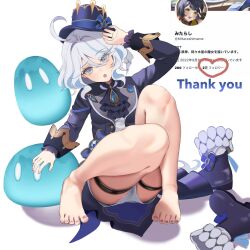 Rule 34 | 1girl, :o, ahoge, bare legs, barefoot, blue bow, blue eyes, blue hair, blue hat, blue jacket, boots, bow, commentary request, feet, furina (genshin impact), genshin impact, grey hair, hat, hat bow, heart, highres, jacket, knees up, long sleeves, looking at viewer, mitarashimame, multicolored hair, nail polish, no gloves, open mouth, shadow, slime (genshin impact), solo, streaked hair, thank you, thigh strap, thighs, toenail polish, toenails, toes, top hat, unworn boots, xiangling (genshin impact)