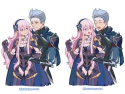 Rule 34 | 1boy, 1girl, armor, commission, corrin (female) (fire emblem), corrin (fire emblem), couple, fire emblem, fire emblem fates, grey eyes, grey hair, hairband, hetero, highres, nintendo, pink hair, pointy ears, pomme (lazzledazzle), red eyes, second-party source, silas (fire emblem)