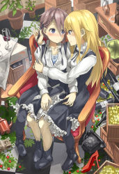 Rule 34 | 2girls, ange (princess principal), antique phone, bad id, bad perspective, bad pixiv id, black footwear, blonde hair, blouse, blue eyes, blush, bottle, box, braid, brown hair, cage, chair, checkered floor, coin, cup, desk, dress, drinking glass, eye contact, hand in another&#039;s hair, high heels, highres, indoors, jewelry, unworn jewelry, looking at another, money, multiple girls, necklace, unworn necklace, pantyhose, phone, pinafore dress, pitcher (container), plant, potted plant, princess (princess principal), princess principal, red footwear, ringocha (appleteatea), rotary phone, school uniform, shared chair, shirt, sitting, sleeveless, sleeveless dress, stiletto heels, stool, table, tile floor, tiles, unbuttoned, unbuttoned shirt, white shirt, wine bottle, wine glass, yuri