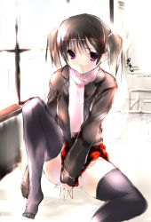 Rule 34 | 1girl, black thighhighs, long sleeves, looking at viewer, matsumate, original, plaid, plaid skirt, pleated skirt, red eyes, red skirt, scarf, skirt, solo, thighhighs, twintails, white scarf, zettai ryouiki