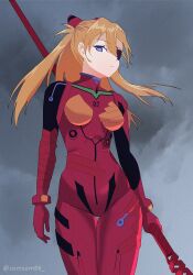 Rule 34 | 1girl, artist request, bodysuit, brown hair, cowboy shot, expressionless, eyepatch, hair between eyes, highres, holding, holding weapon, lance, lance of longinus (evangelion), long hair, neon genesis evangelion, plugsuit, polearm, red bodysuit, shiny clothes, solo, souryuu asuka langley, standing, twintails, twitter username, two side up, very long hair, weapon, wide hips