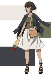 Rule 34 | 10s, 1girl, alternate hairstyle, andou (girls und panzer), bag, black footwear, black hair, black jacket, bouquet, brown eyes, brown shirt, carrying, casual, closed mouth, commentary request, dark-skinned female, dark skin, flower, full body, girls und panzer, hair up, handbag, highres, holding, jacket, jacket on shoulders, looking to the side, medium skirt, red flower, red rose, rose, sandals, scatter, shirt, skirt, solo, standing, white skirt