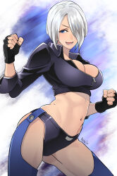 Rule 34 | 1girl, angel (kof), artist name, breasts, butcha-u, clenched hands, grey hair, highres, large breasts, legs, midriff, navel, open mouth, short hair, smile, snk, the king of fighters, thick thighs, thighs, toned