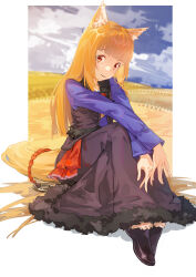 Rule 34 | 1girl, absurdres, animal ear fluff, animal ears, brown hair, full body, highres, holo, long hair, looking at viewer, red eyes, solo, spice and wolf, wolf ears, zuihou de miao pa si