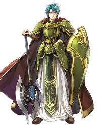 Rule 34 | 1boy, aqua eyes, armor, axe, battle axe, boots, brown footwear, cape, cosplay, ephraim (fire emblem), fado (fire emblem), fado (fire emblem) (cosplay), fire emblem, fire emblem: the sacred stones, fire emblem heroes, full armor, full body, green armor, green hair, highres, holding, holding shield, loincloth, male focus, nintendo, official art, pants, pauldrons, red cape, robe, shield, short hair, shoulder armor, smile, solo, standing, transparent background, undershirt, wada sachiko, weapon, white robe