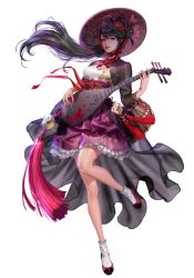 Rule 34 | 1girl, absurdres, biwa lute, black hair, braid, breasts, drum, floral print, flower, frilled skirt, frills, full body, hair flower, hair ornament, hanbok, high heels, highres, instrument, korean clothes, long hair, looking at viewer, lute (instrument), medium breasts, original, parted lips, pumps, purple headwear, purple skirt, red eyes, red flower, red footwear, red neckwear, red ribbon, ribbon, shoes, simple background, skirt, solo, standing, standing on one leg, stiletto heels, tassel, very long hair, white background, white legwear, yuushi