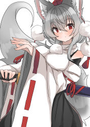 Rule 34 | 1girl, absurdres, animal ear fluff, animal ears, bare shoulders, black skirt, breasts, closed mouth, commentary, cowboy shot, detached sleeves, grey tail, hair between eyes, hat, head tilt, highres, holding, holding sword, holding weapon, inubashiri momiji, katana, large breasts, looking at viewer, medium hair, pom pom (clothes), red eyes, red hat, red ribbon, red tassel, regua, ribbon, ribbon-trimmed sleeves, ribbon trim, shirt, silver hair, simple background, skirt, sleeveless, sleeveless shirt, smile, solo, sword, tail, tassel, tokin hat, touhou, weapon, white background, white shirt, wide sleeves, wolf ears, wolf tail