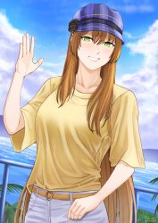 Rule 34 | 1girl, absurdres, belt, blush, brown hair, cloud, cloudy sky, girls&#039; frontline, green eyes, grey pants, hand up, hat, highres, long hair, looking at viewer, outdoors, pants, parted lips, purple hat, railing, ridwanpertamini, shirt, sky, smile, solo, springfield (girls&#039; frontline), straight-on, t-shirt, upper body, yellow shirt