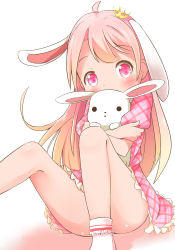 Rule 34 | 1girl, animal ears, ass, bare legs, blonde hair, blush, convenient censoring, convenient leg, covering own mouth, crown, dress, highres, hugging doll, hugging object, long hair, looking at viewer, makuran, mini crown, original, pink dress, pink eyes, pink hair, puffy short sleeves, puffy sleeves, rabbit ears, short sleeves, sitting, solo, stuffed animal, stuffed rabbit, stuffed toy, very long hair