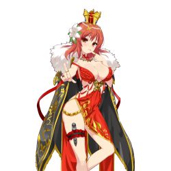 Rule 34 | 1girl, breasts, cape, character request, crown, dress, finger to mouth, flower, hair flower, hair ornament, index finger raised, jewelry, kusaka souji, large breasts, bridal garter, looking at viewer, mole, mole on breast, official art, outstretched arm, red hair, ring, solo, transparent background, uchi no hime-sama ga ichiban kawaii, yellow eyes
