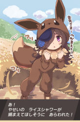 Rule 34 | 1girl, :&lt;, absurdres, animal ear fluff, animal ears, blue sky, blush stickers, brown hair, cloud, commentary request, cosplay, creatures (company), day, eevee, eevee (cosplay), field, game freak, gen 1 pokemon, hair over one eye, hands up, highres, hood, hood up, horse ears, long hair, looking at viewer, nintendo, outdoors, parted lips, partially translated, poke kid (pokemon), poke kid (pokemon) (cosplay), pokemon, pokemon ears, pokemon swsh, pokemon tail, purple eyes, rice shower (umamusume), sky, solo, standing, suzuki toto, tail, thick eyebrows, translation request, triangle mouth, umamusume, very long hair