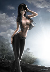 Rule 34 | 1girl, black hair, blue eyes, breasts, cleavage, contrapposto, covered erect nipples, denim, ecchi-mia, hand in own hair, hand on own hip, highleg, highleg panties, hip focus, jeans, large breasts, legs, light rays, navel, nico robin, no bra, one piece, pale skin, panties, pants, skin tight, smile, solo, standing, sunbeam, sunlight, thong, underwear