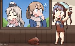 Rule 34 | 3girls, = =, ?, ??, beige scarf, blue eyes, blue hair, blue jacket, brown hair, chocolate, coat, commentary request, dated, full body, grey hair, hair ribbon, hamu koutarou, hat, unworn hat, unworn headwear, highres, i-19 (kancolle), intrepid (kancolle), jacket, kantai collection, long hair, mini hat, multiple girls, name tag, one-hour drawing challenge, peaked cap, pink scarf, pola (kancolle), ponytail, red eyes, ribbon, scarf, school swimsuit, short hair, stain, standing, star-shaped pupils, star (symbol), swimsuit, symbol-shaped pupils, towel, towel on head, tri tails, upper body, white coat, white headwear, window