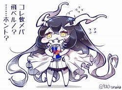 Rule 34 | 10s, 1girl, :3, abyssal ship, anchorage water oni, black hair, can, chibi, dress, drink, gradient hair, horns, kantai collection, long hair, multicolored hair, overskirt, red bull, solo, tanaka kusao, translation request, twitter username, very long hair, white hair, yellow eyes