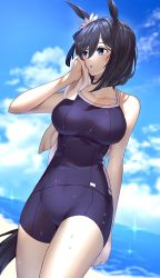 Rule 34 | 1girl, animal ears, black hair, blue one-piece swimsuit, blue sky, blurry, blurry background, breasts, cloud, collarbone, day, eishin flash (umamusume), hair between eyes, highres, horse ears, horse girl, horse tail, iwashi 111, large breasts, looking to the side, ocean, one-piece swimsuit, outdoors, revision, short hair, sky, solo, swimsuit, tail, tracen swimsuit, umamusume, wet, wet hair